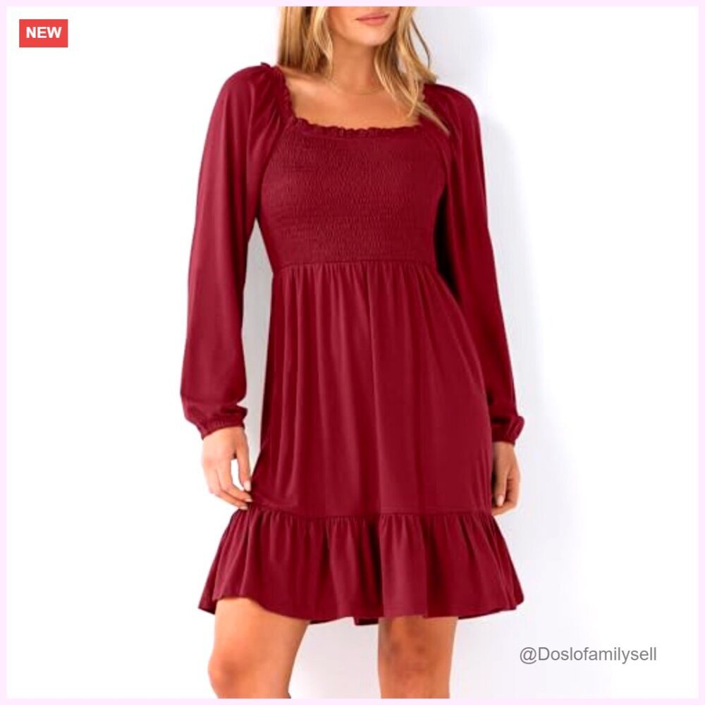 Long Sleeve Square Neck Smocked Dress High Waist Tiered Ruffle Swing - Picture 3 of 7
